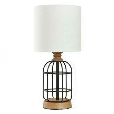 Mainstays Black Metal Cage Table Lamp with Wood Accents and Drum Shade, bulb included, 17"