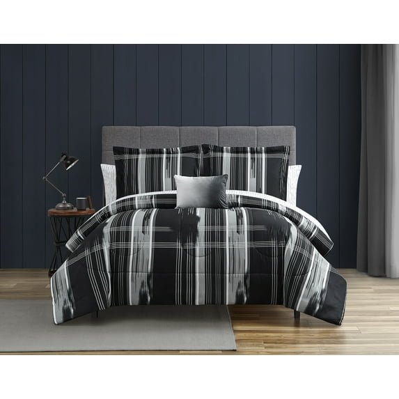 Mainstays Black Plaid 5 Piece Bed in a Bag Comforter Set With Sheets, King