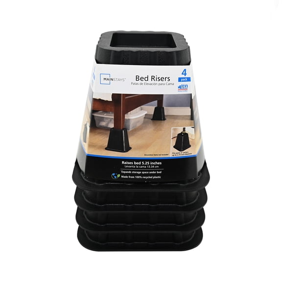 Mainstays Black Plastic Bed Risers to Raise Your Bed for Storage, 4 Pack, 6.50 in x 6.50 in x 6 in