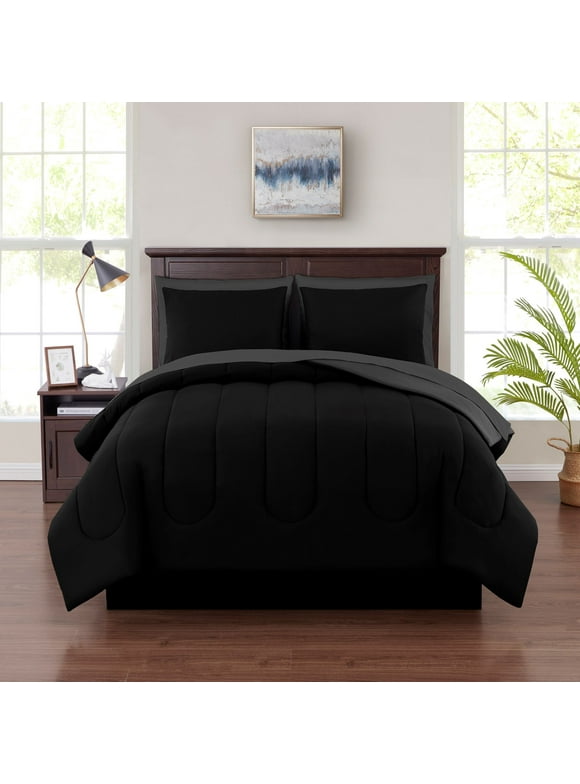 Mainstays Black Reversible 5-Piece Bed in a Bag Comforter Set with Sheets, Twin XL