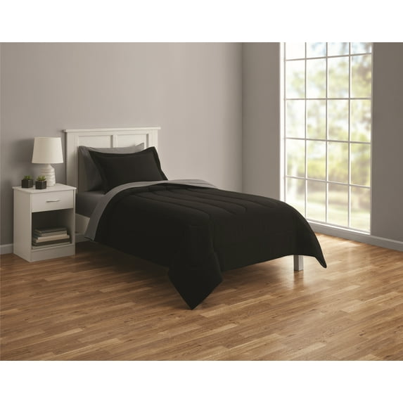 Mainstays 5 Piece Reversible Bed in a Bag Comforter Set with Sheets, Black, Twin-XL
