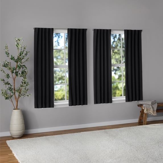 Mainstays Solid Black Blackout Curtain Panel Set with Back Tabs - 4 Pack, 30" x 63"