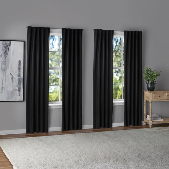 Mainstays Black Solid Blackout Rod Pocket with Back Tabs Curtain Panels 4PC Set, Set of 4, 30" W x 84" L