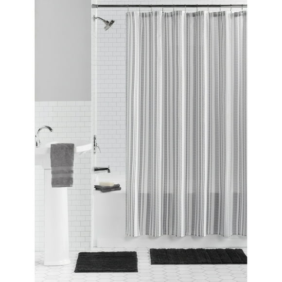 Mainstays 15-Piece Black & White Stripe Bathroom Set Shower Curtain, Bath Rugs & Hooks, Modern Washable Polyester
