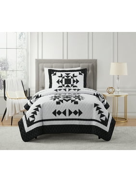 Mainstays Black & White Flying Geese 5 Piece Quilt Set with Sheets, Twin