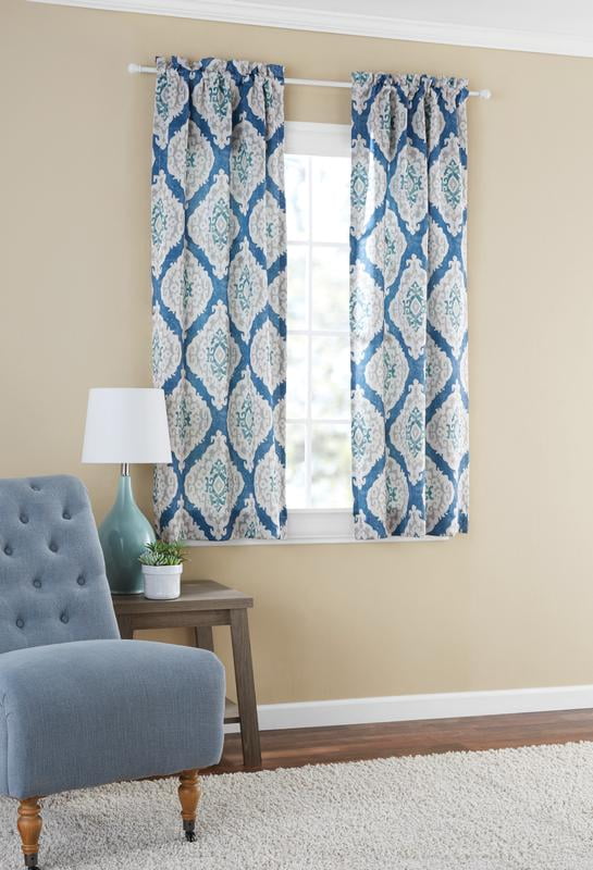 Mainstays Blackout Curtain Panel Pair, Set of 2, Ikat Blue, 30"W x 63"L
