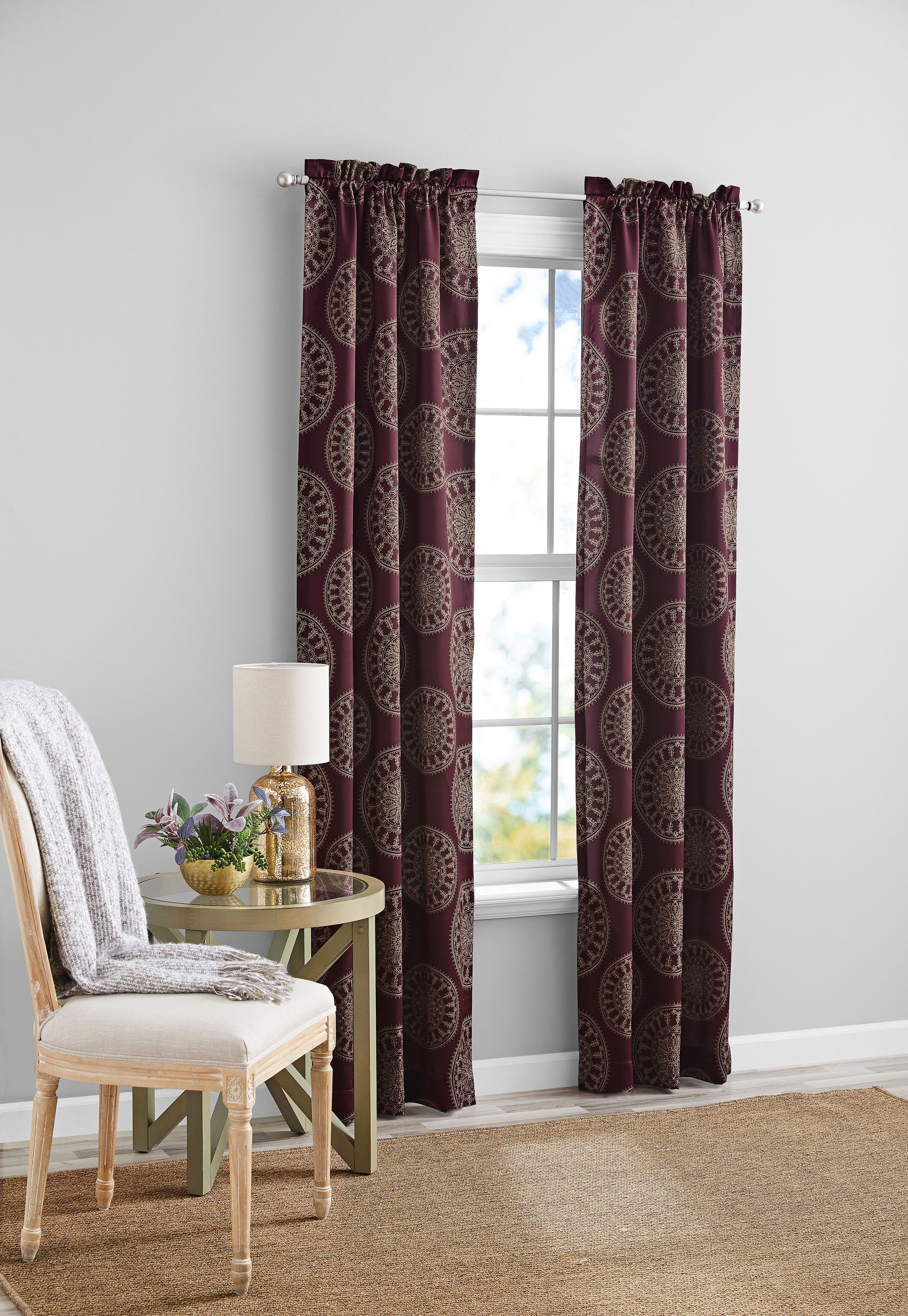 Mainstays Blackout Curtain Panel Pair, Set of 2, Medallion Burgundy, 30"W x 84"L