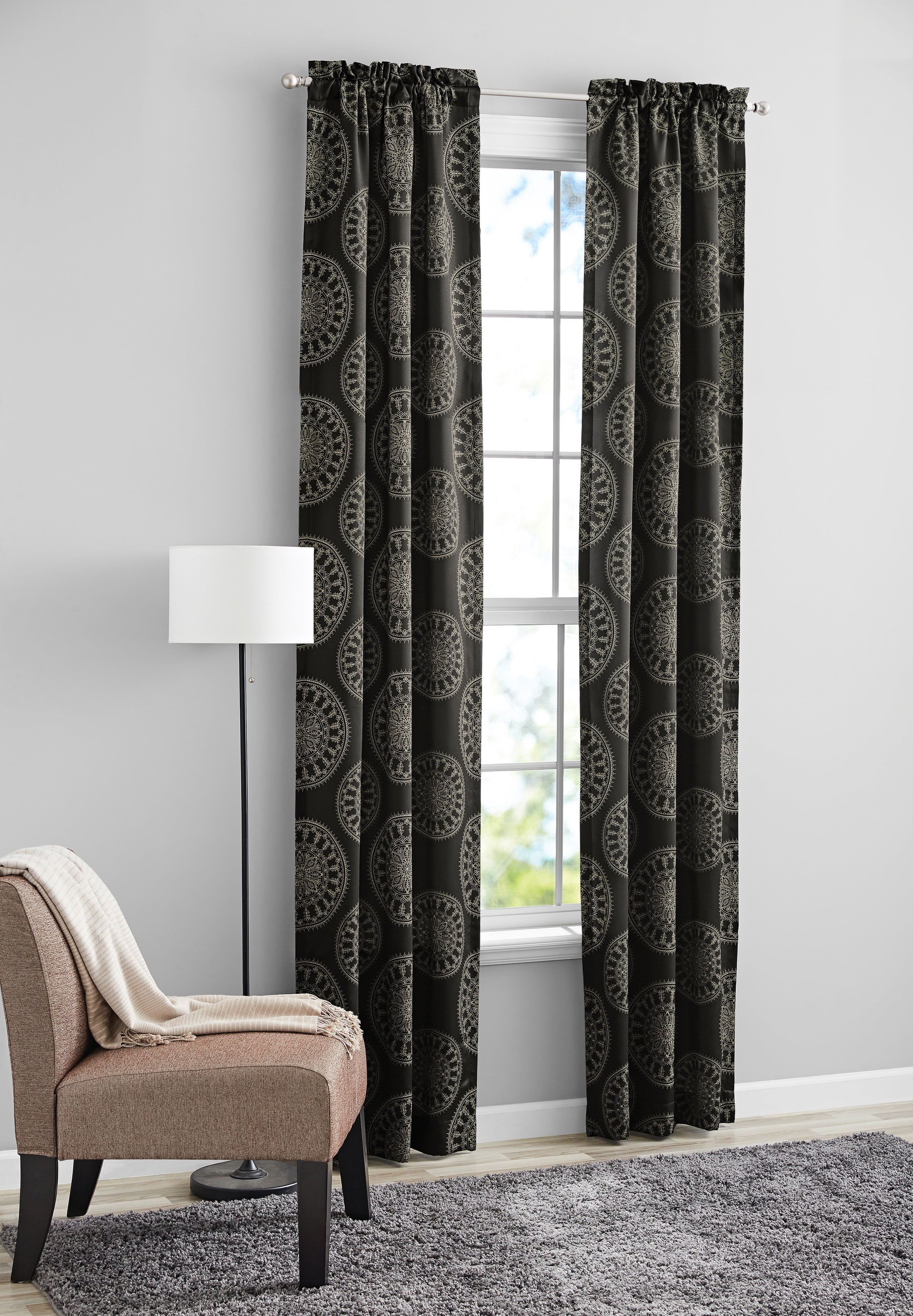 Mainstays Blackout Curtain Panels Pair Medallion Black 30x95 Polyester