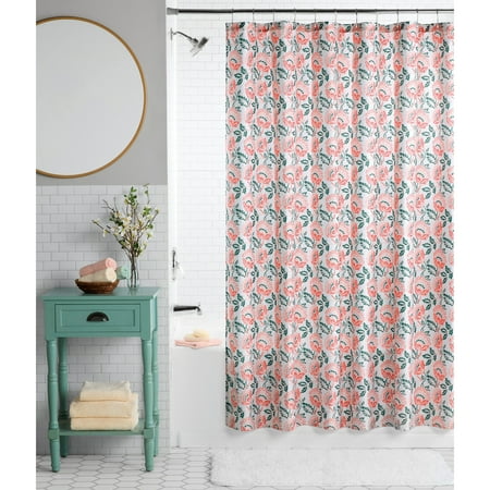 Mainstays Block Floral 13 Piece Shower Curtain and Hook Set, 72 x 72, Coral
