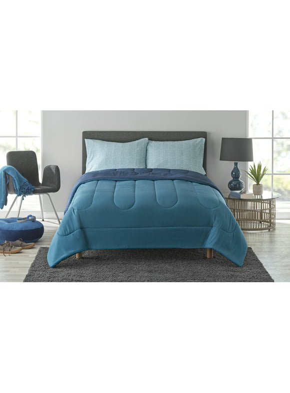 Mainstays Blue 4 Piece Bed in a Bag Comforter Set with Sheets, Queen