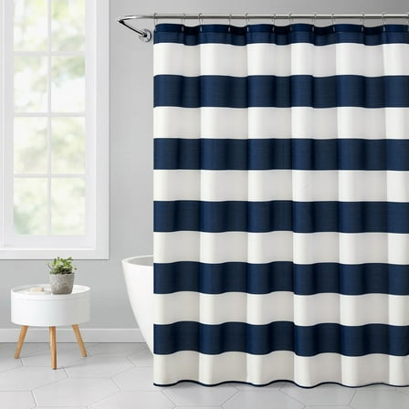 Mainstays Blue Cabana Striped Printed 72" x 72" Ribbed Textured Shower Curtain, Polyester