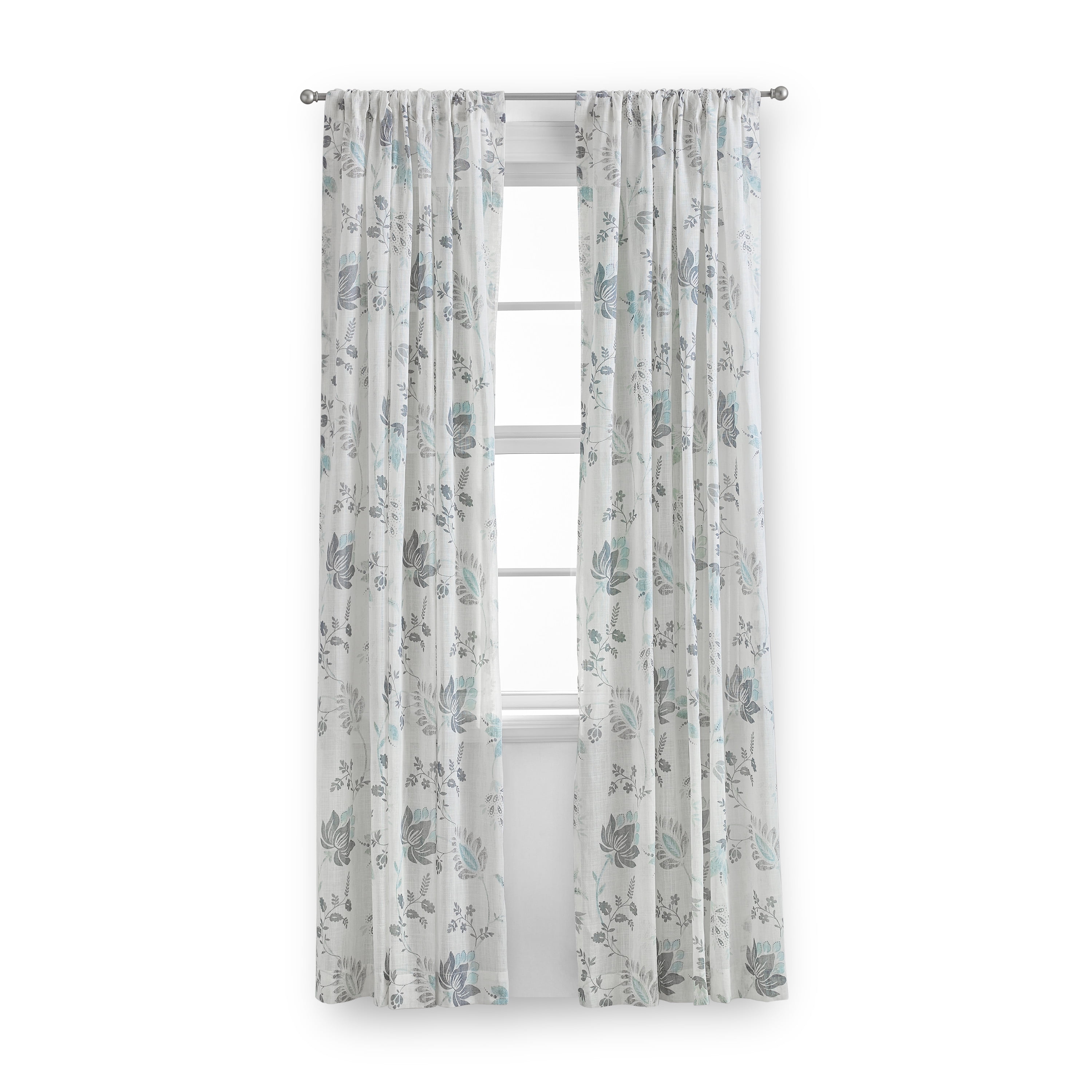 Mainstays Blue Floral 100% Cotton Indoor Sheer Rod Pocket Single Curtain Panel , Light Blue, 50" W x 63"L