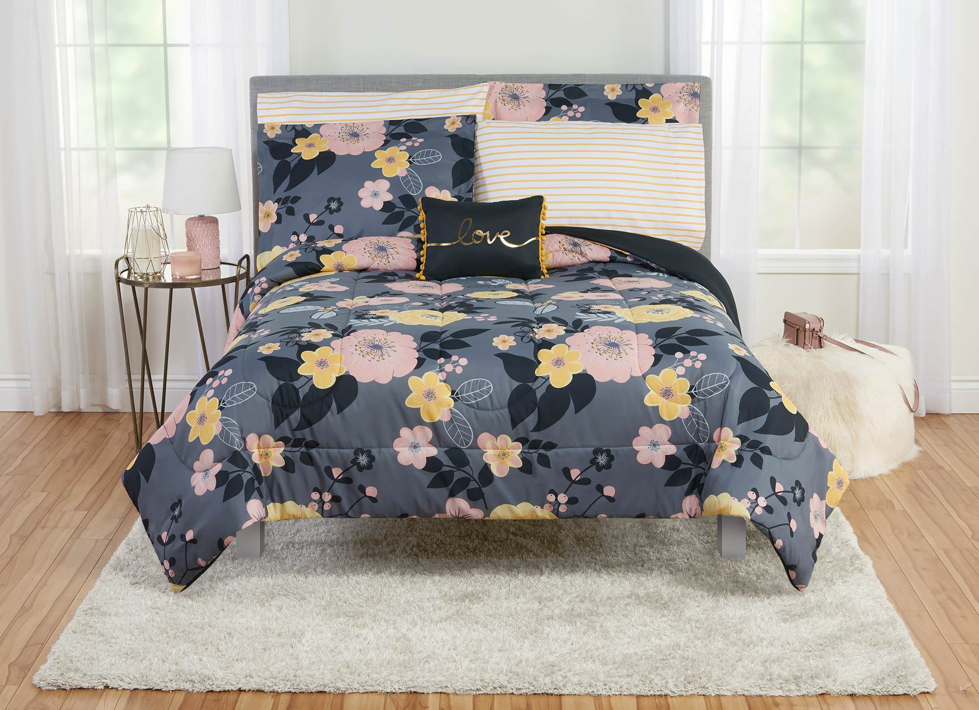 Mainstays Blue Floral 8 Piece Bed in a Bag with Sheets, Queen