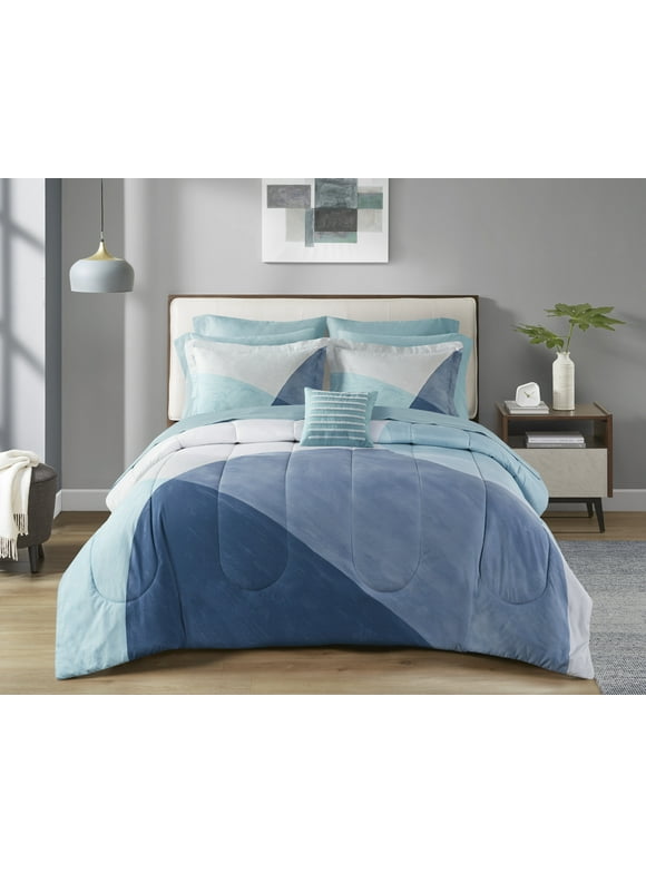 Mainstays Blue Geo 10 Piece Bed in a Bag Comforter Set with Sheets, Full