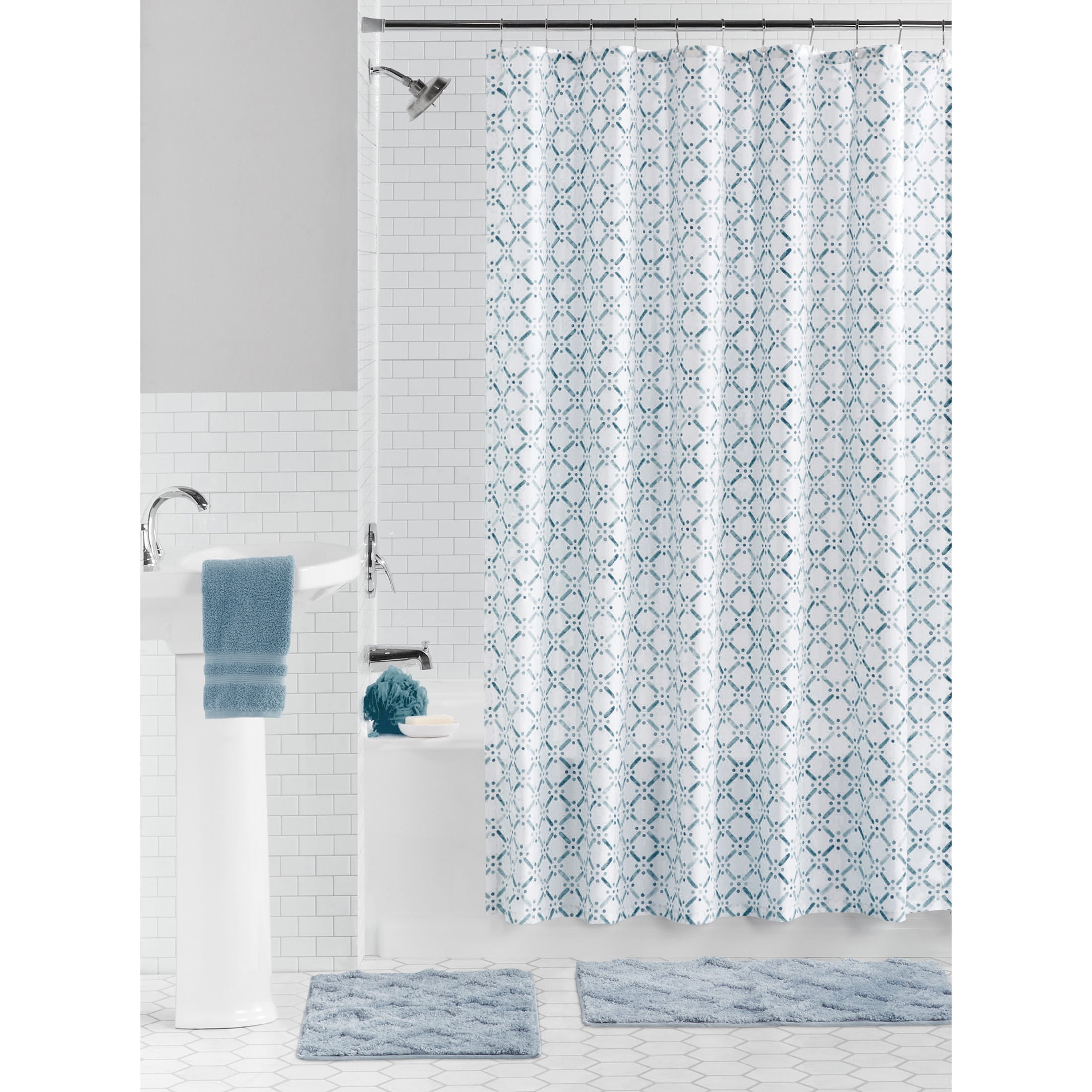 Mainstays 15-Piece Blue & White Diamond Bathroom Set – Shower Curtain, Bath Rugs & Hooks, Stylish Polyester Decor