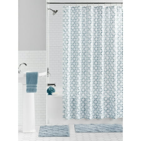Mainstays 15-Piece Blue & White Diamond Bathroom Set – Shower Curtain, Bath Rugs & Hooks, Stylish Polyester Decor