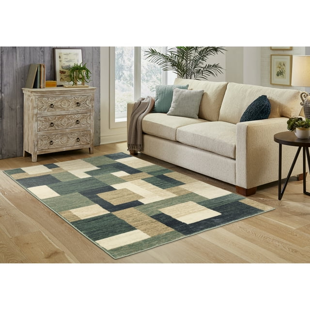 Mainstays Blue Green Blocks Indoor Woven Area Rug, 5' x 7'