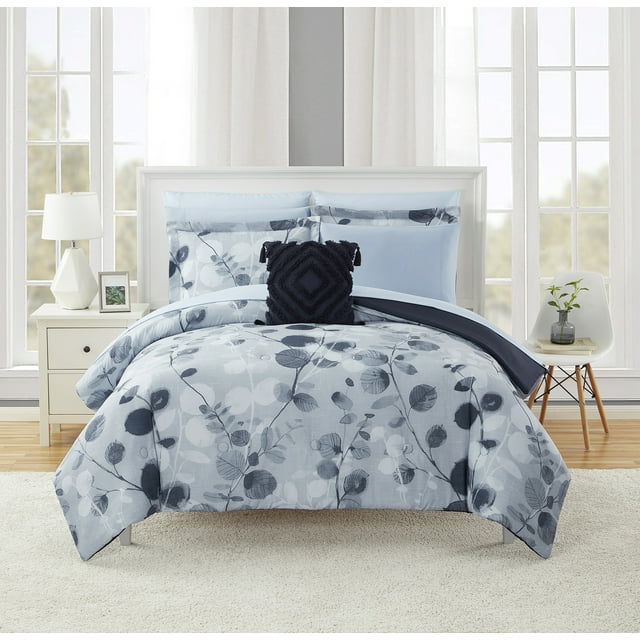 Mainstays Blue Leaves 10 Piece Bed in a Bag Comforter Set with Sheets