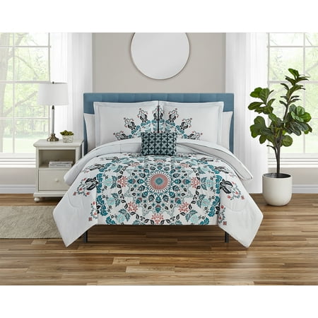 Mainstays Blue Medallion 8 Piece Bed in a Bag Comforter Set With Sheets, Full