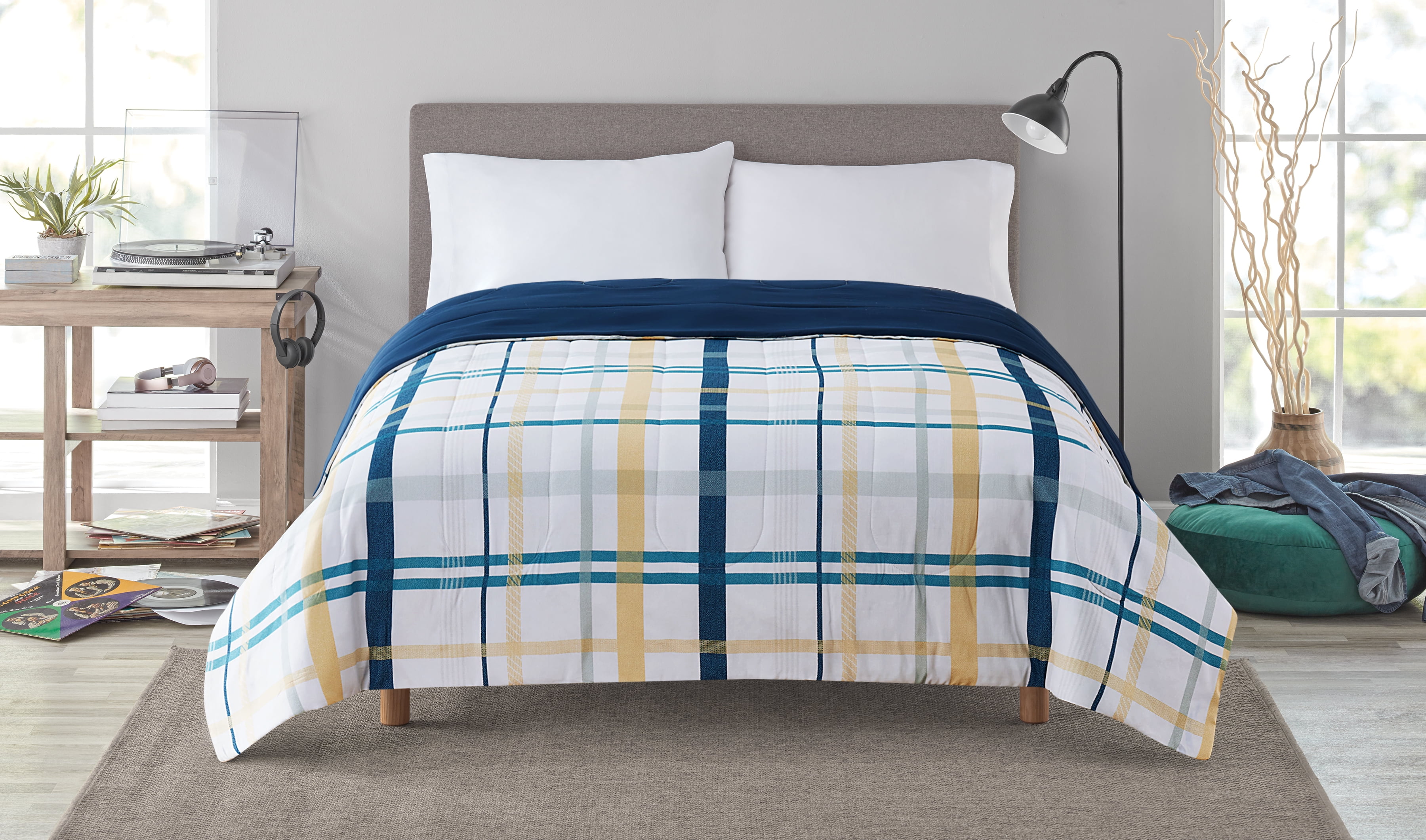 Mainstays Blue Plaid 4 Piece Bed in a Bag Comforter Set with Sheets, Full