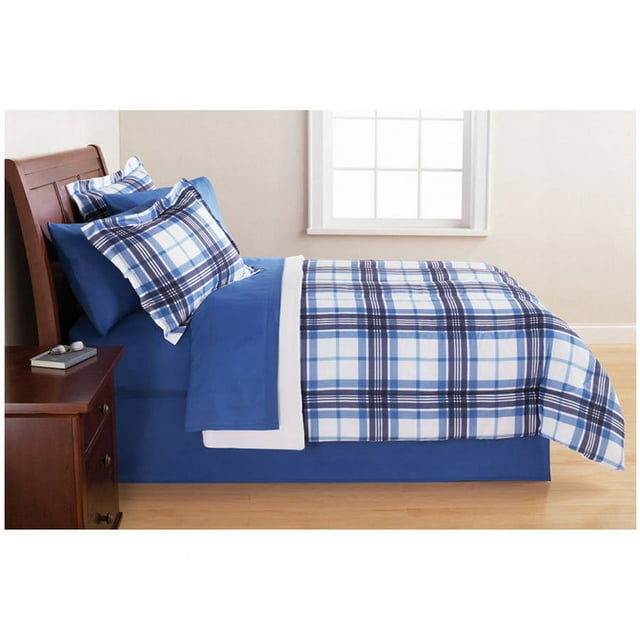 Mainstays Blue Plaid 6 Piece Bed in a Bag Comforter Set with Sheets, Twin