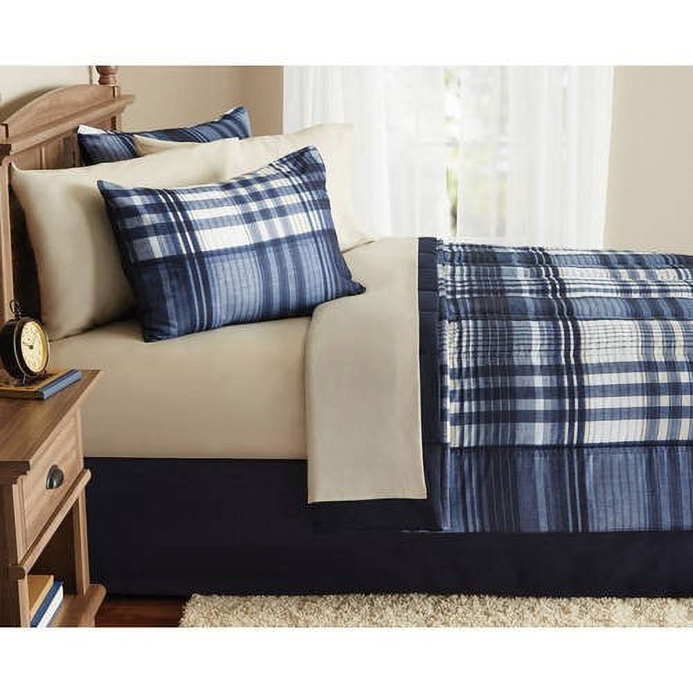 Mainstays Blue Plaid 8 Piece Bed In A Bag Comforter Set With Sheets ...