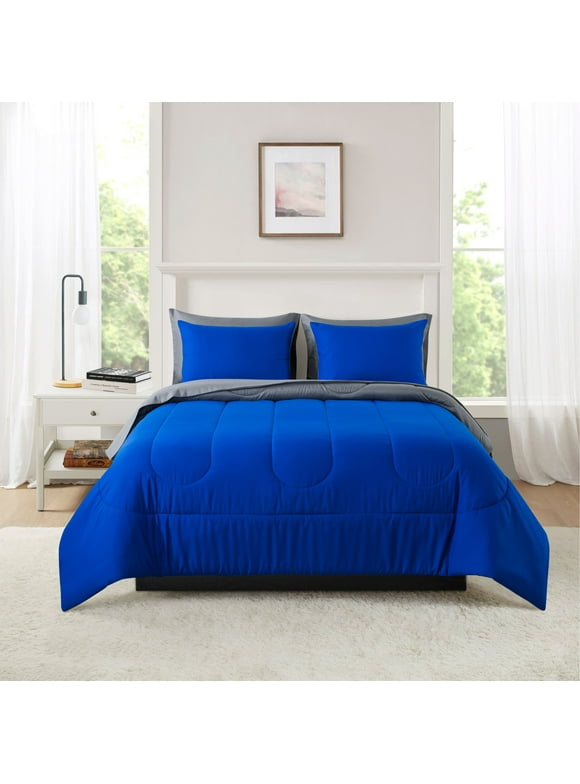 Mainstays Blue Reversible 7-Piece Bed in a Bag Comforter Set with Sheets, Queen