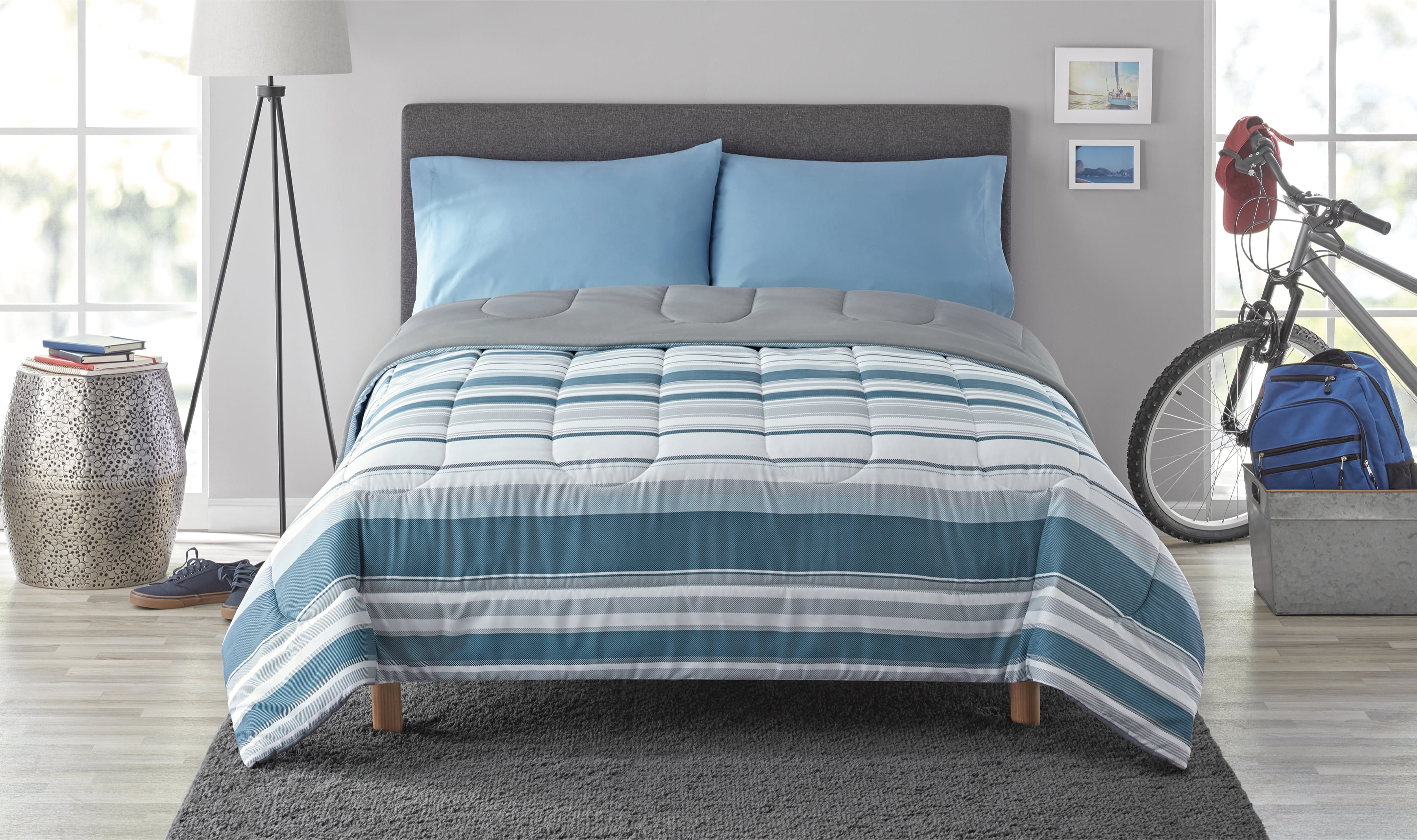 Mainstays Blue Stripe 4 Piece Bed in a Bag Comforter Set with Sheets