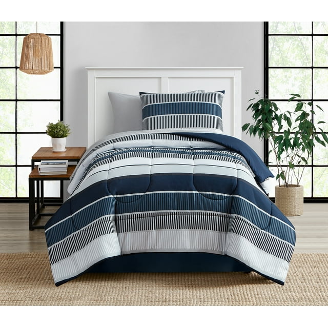 Mainstays Blue Stripe 6 Piece Bed in a Bag Comforter Set With Sheets