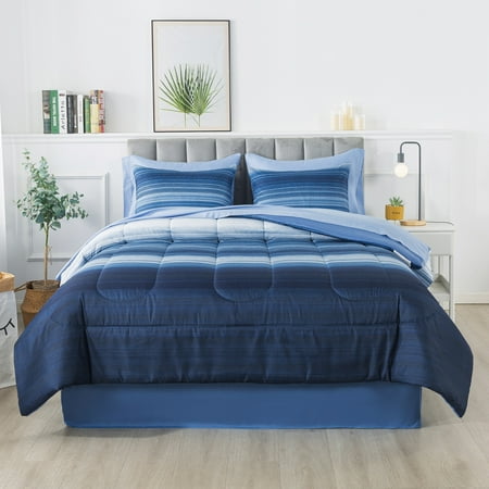 Mainstays Blue Stripe 8 Piece Bed in a Bag Comforter Set With Sheets, King