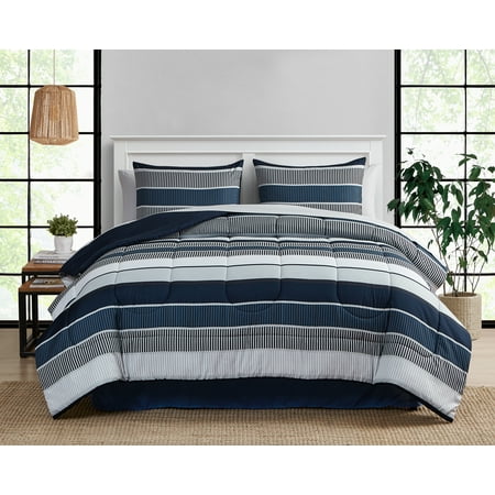 Mainstays Blue Stripe 8 pc Bed in a Bag Set with Sheets, King