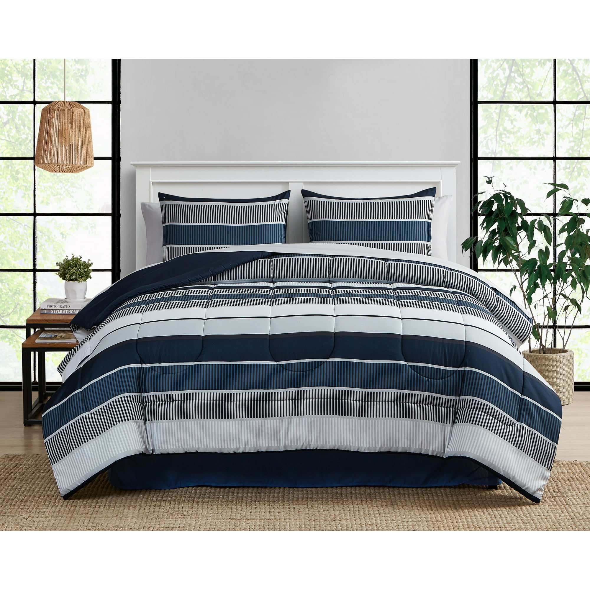 Mainstays Blue Stripe 8 Piece Bed in a Bag Comforter Set With Sheets