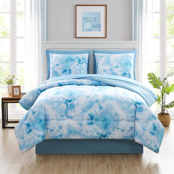 Mainstays Blue Tie Dye 8 Piece Bed in a Bag Comforter Set with Sheets, King