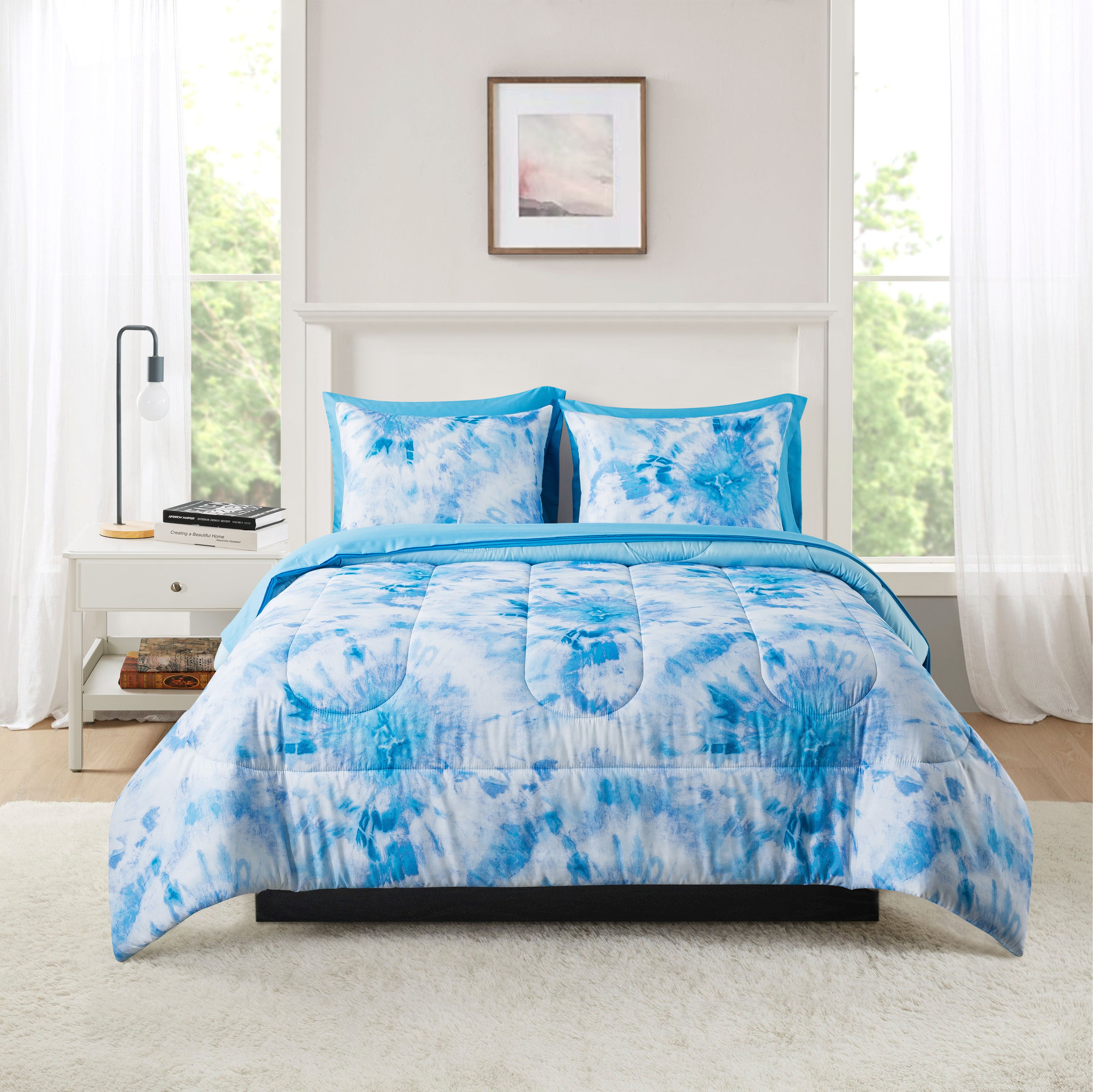 Mainstays Blue Tie-Dye Reversible 5-Piece Bed in a Bag Comforter Set with  Sheets, Twin XL