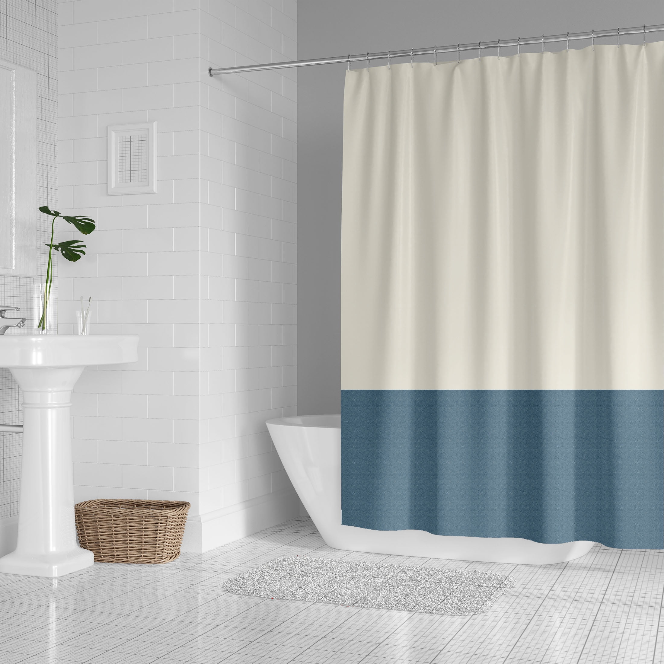 Mainstays Blue and Ivory Polyester Colorblock Shower Curtain, 72” x 70”, Multicolor