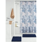 Mainstays Bode 15-Piece Damask Polyester Shower Curtain Set, White/Blue