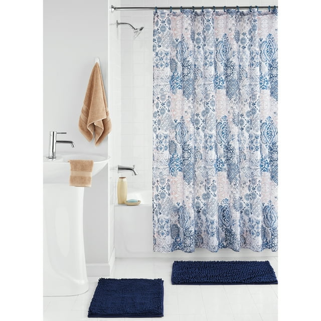 Mainstays Bode 15Piece Damask Polyester Shower Curtain Set, White/Blue