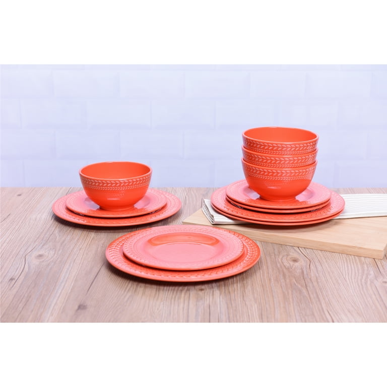 Mainstays Braided Coral 12 Piece Melamine Dinnerware Set Service