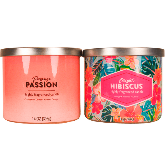 Mainstays Bright Hibiscus and Papaya Passion Scented 3-Wick Candle, 14 oz., 2-Pack