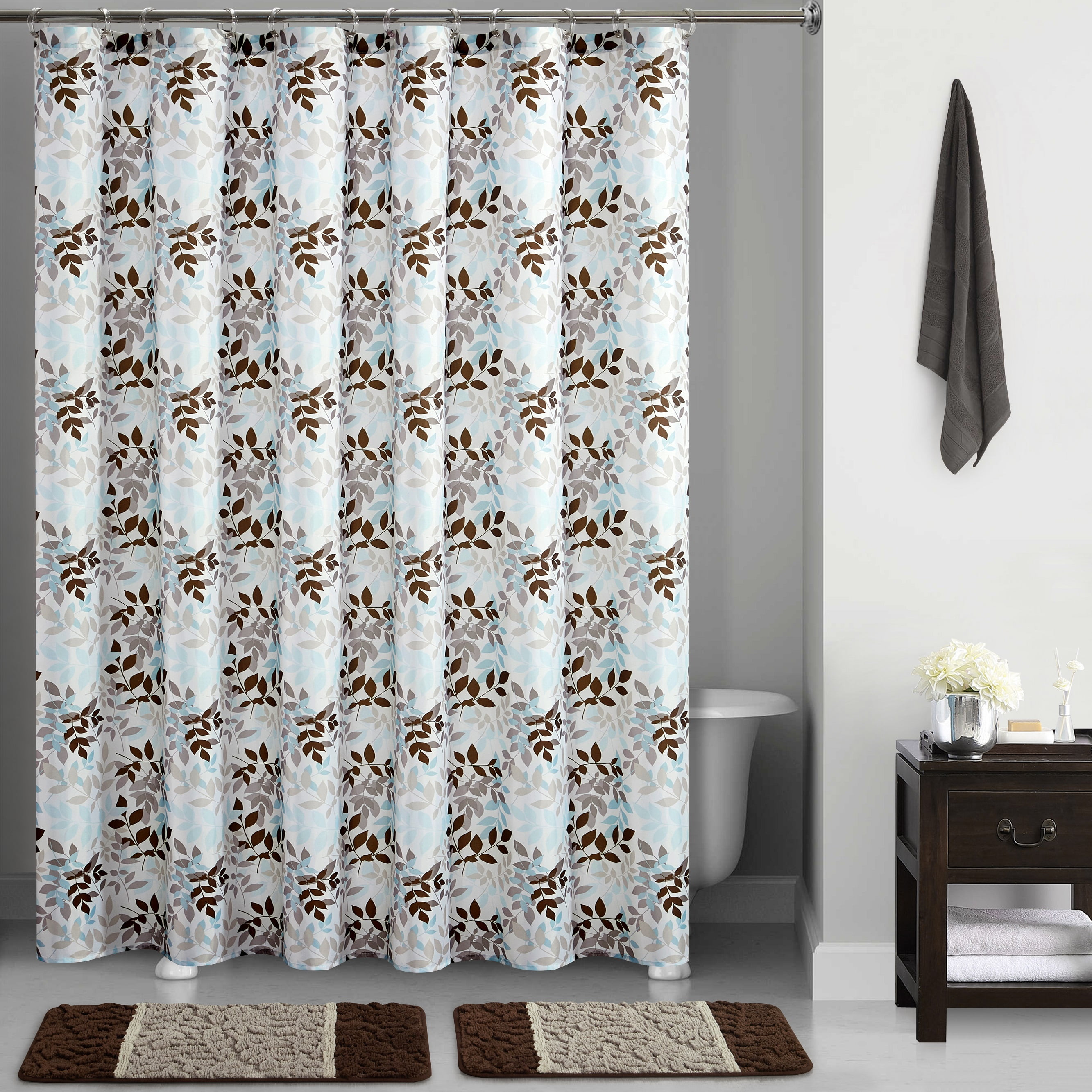 Mainstays Brown Botanical Vines Printed 15 Piece Polyester Shower Curtain Bath Set Com