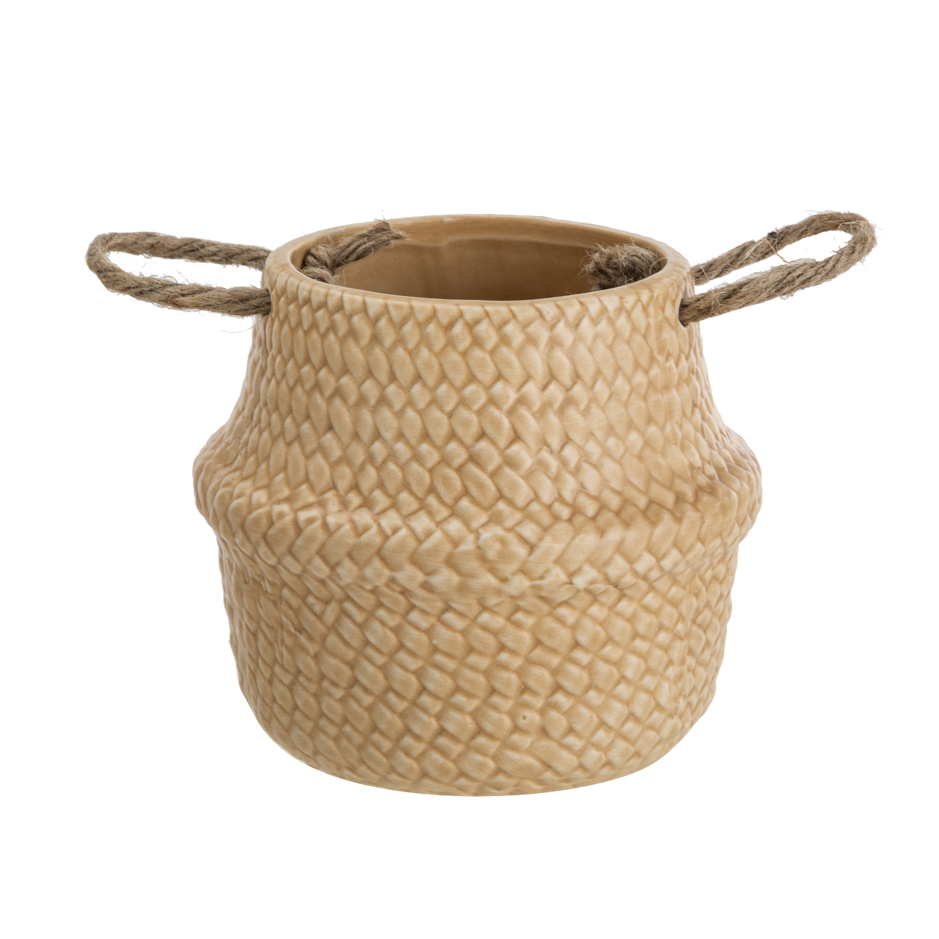 Mainstays Brown Ceramic Belly Basket Planter with Jute Handles, 5.39"D x 4.6"H