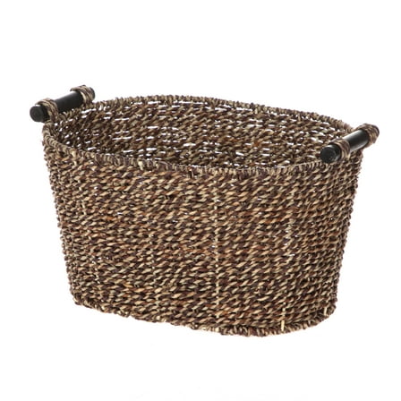 Mainstays Brown Oval 2-Hue Seagrass Storage Basket with Wooden Handles, 8.31 in. x 10 in. x 14.31 in.