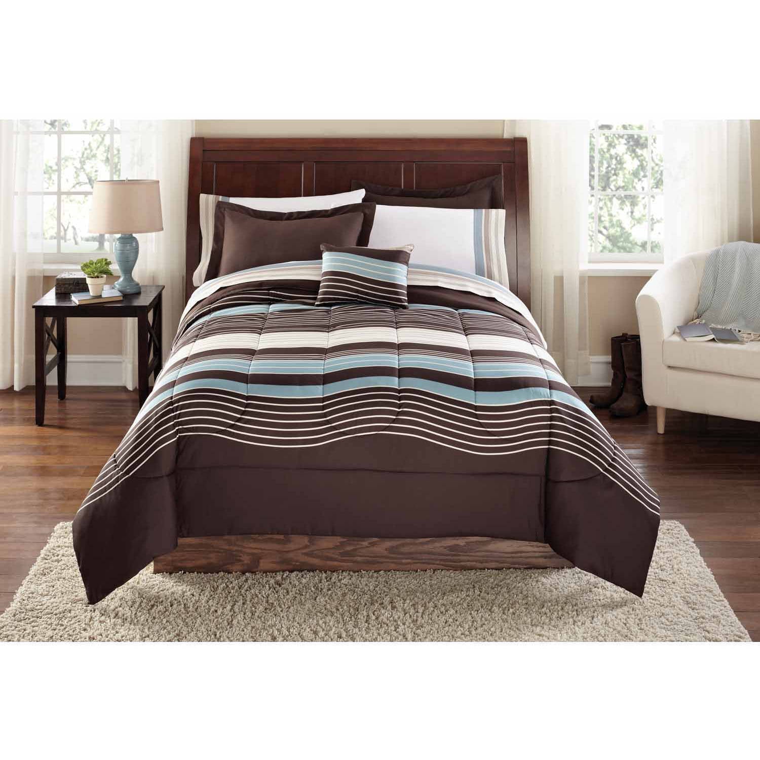 Mainstays Brown Stripe 8 Piece Bed in a Bag Comforter Set With Sheets, Queen