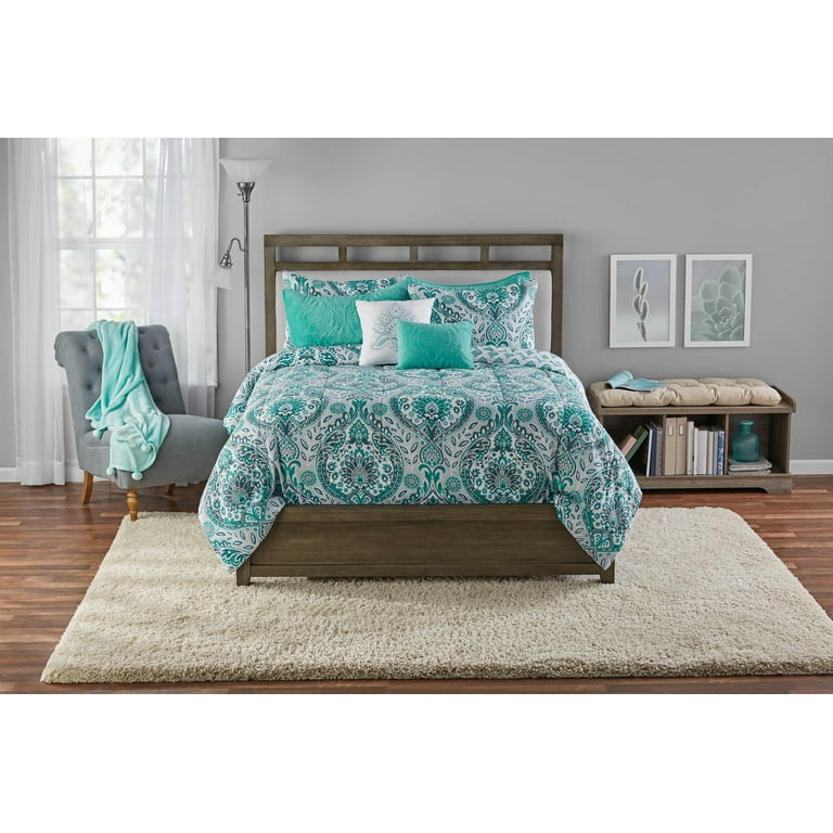 Mainstays Brynn Damask Reversible Comforter Set With Bonus Quilt, King,  Teal/Grey 