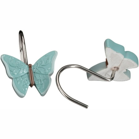 Mainstays Butterfly Blessings Teal Metal Shower Curtain Hooks 12 Count