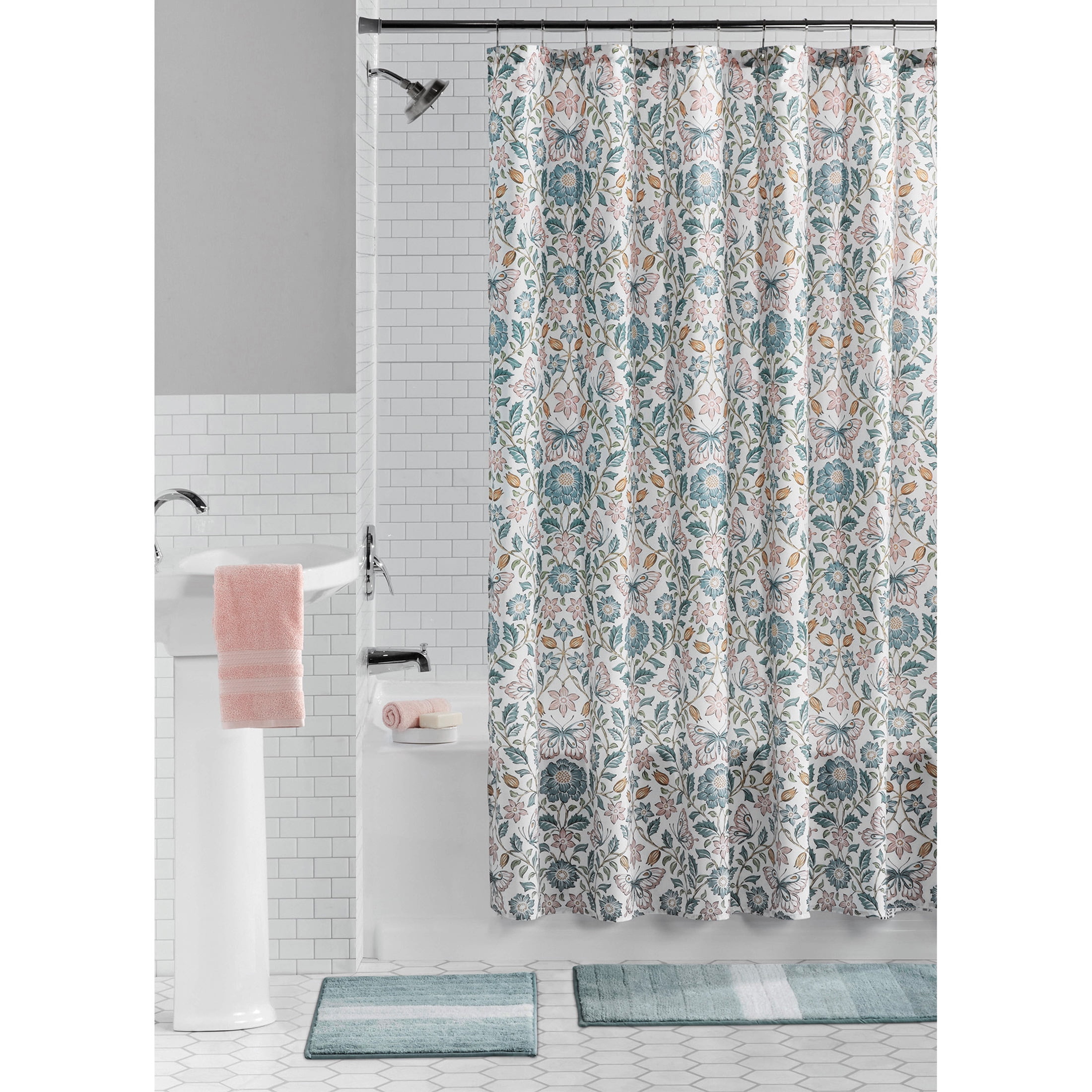 Mainstays 15-Piece Blue & Pink Butterfly Bathroom Set – Floral Shower Curtain, Bath Rugs & Hooks, Washable Polyester