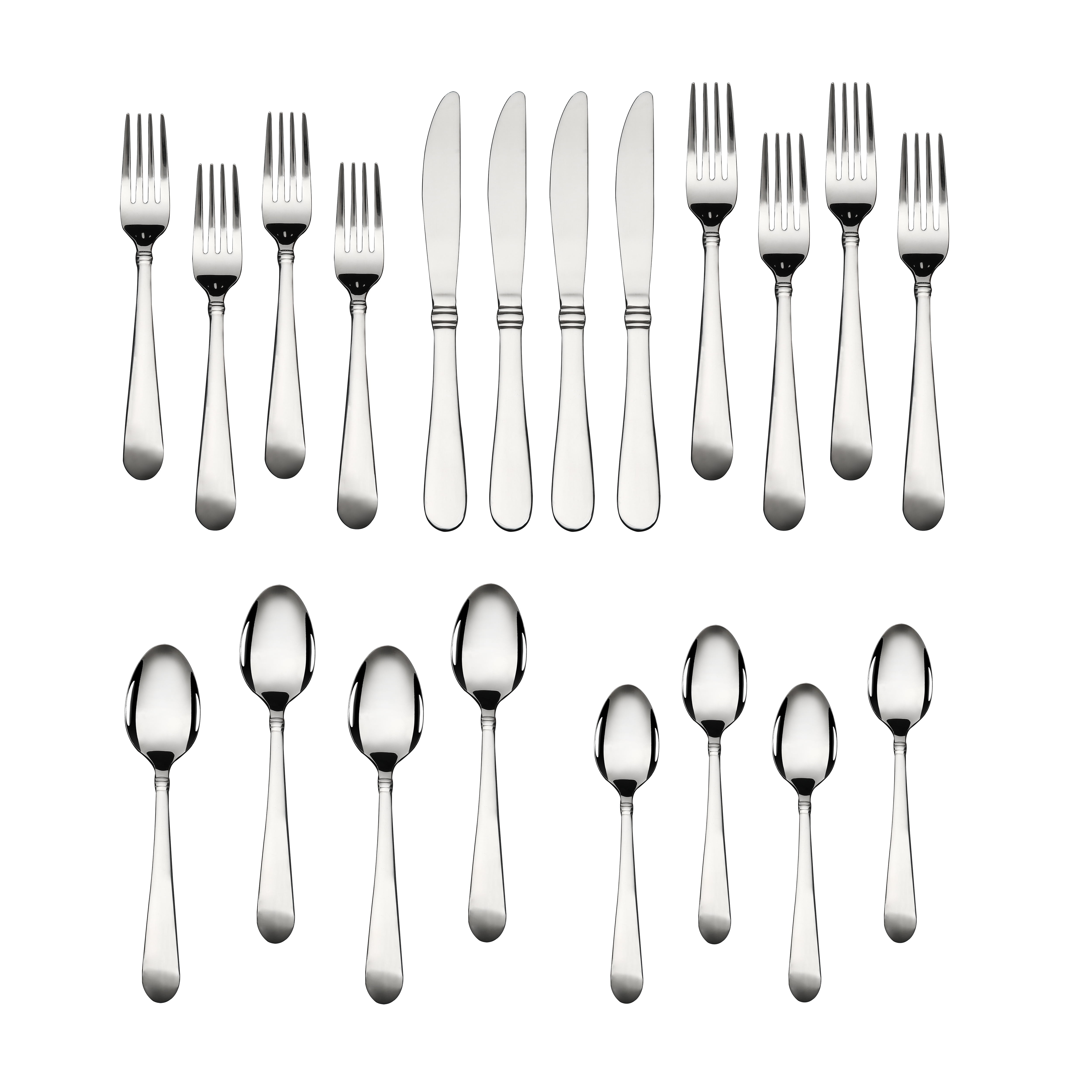 Mainstays Camfield 20 Piece Stainless Steel Flatware Set, Silver Tableware Service for 4