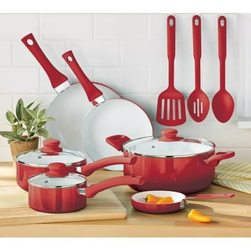 Mainstays Ceramic Nonstick 12 Piece Cookware Set, Red Ombre, Hand Wash Only