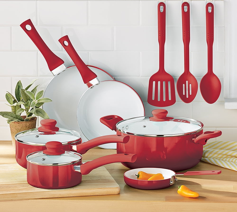 Mainstays Ceramic Nonstick 12 Piece Cookware Set, Red Ombre 