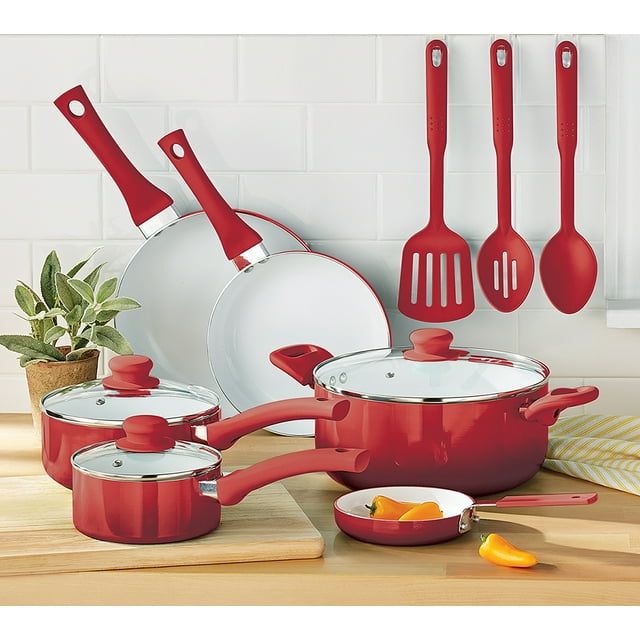 Mainstays Ceramic Nonstick 12 Piece Cookware Set, Red Ombre